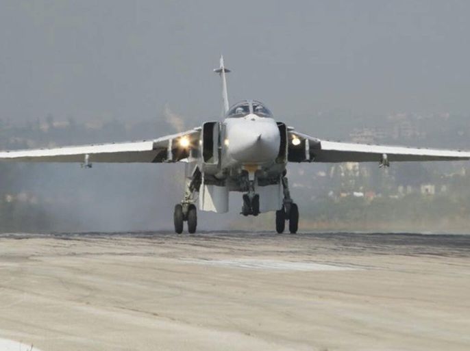 A Sukhoi Su-24 fighter jet lands at the Hmeymim air base near Latakia, Syria, in this handout photograph released by Russia's Defence Ministry November 7, 2015. Turkish fighter jets shot down a Russian-made warplane near the Syrian border on November 24, 2015 after repeatedly warning it over air space violations, Turkish officials said, but Moscow said it could prove the jet had not left Syrian air space. REUTERS/Ministry of Defence of the Russian Federation/Handout via Reuters ATTENTION EDITORS - THIS PICTURE WAS PROVIDED BY A THIRD PARTY. REUTERS IS UNABLE TO INDEPENDENTLY VERIFY THE AUTHENTICITY, CONTENT, LOCATION OR DATE OF THIS IMAGE. THIS PICTURE IS DISTRIBUTED EXACTLY AS RECEIVED BY REUTERS, AS A SERVICE TO CLIENTS. EDITORIAL USE ONLY. NOT FOR SALE FOR MARKETING OR ADVERTISING CAMPAIGNS. NO RESALES. NO ARCHIVE.