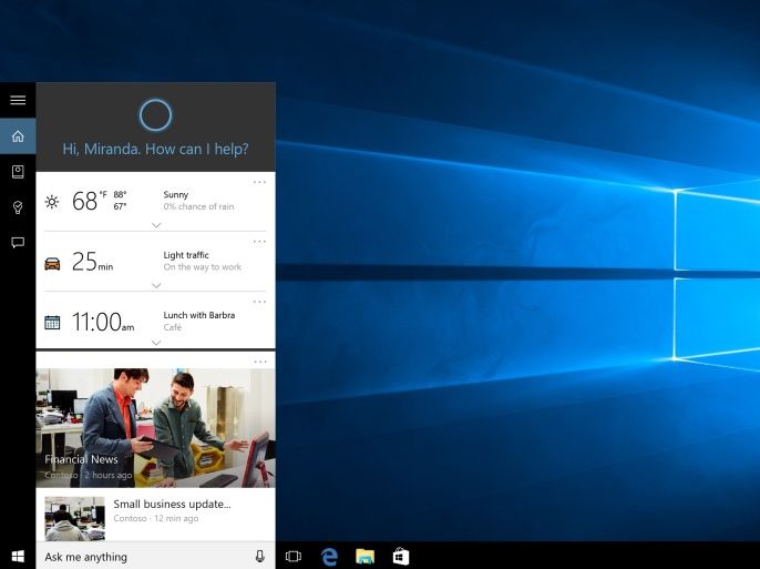 This screen shot provided by Microsoft shows Cortana, Microsoft’s voice-activated digital assistant, left, in Windows 10. Microsoft’s new Windows 10 system offers more personalization than before, but it also collects more data than people might be used to on PCs, from contacts and appointments to their physical location and even Wi-Fi passwords. (Microsoft via AP)