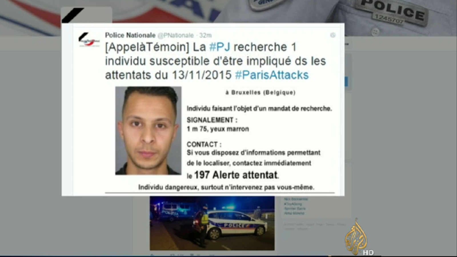 صورة صلاح عبد السلام التي نشرتها الشرطة الفرنسية على تويتر (الجزيرة)