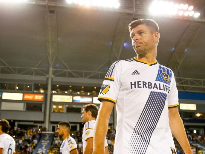 IMAGE DISTRIBUTED FOR INTERNATIONAL CHAMPIONS CUP - LA Galaxy's Steven Gerrard before the LA Galaxy vs. Club America Soccer match at the StubHub Center in Carson, Calif., Saturday, July 11, 2015. (Dominic DiSaia/AP Images for International Champions Cup)