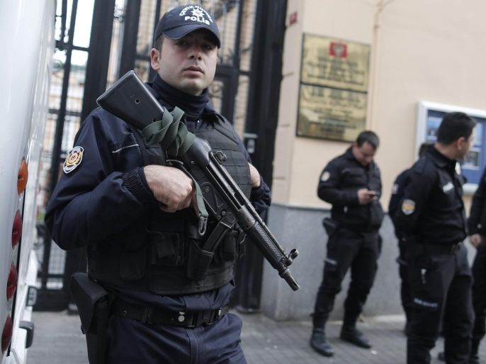 Turkish police guards in front of the Russian Consulate in Istanbul, Turkey, 24 November 2015. A Russian fighter jet was shot down 24 November over the Turkish-Syrian border, the Defence Ministry in Moscow said, according to Interfax news agency. The Sukhoi Su-24 was reportedly downed by Turkish forces, Turkish state news agency Anadolu reported, citing sources in the presidency. The report said that the jet violated Turkish airspace and ignored warnings. It crashed in the north-western Syrian town of Bayirbucak, Turkish security sources were quoted as saying.