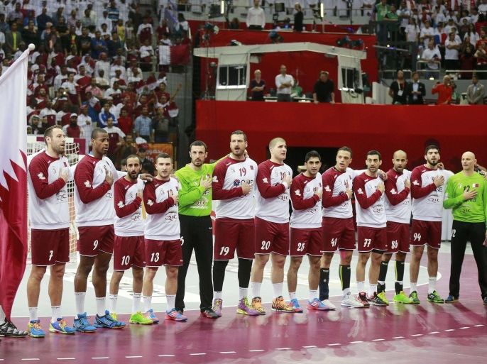 Qatar's team players sing their national anthem before their semi-final match against Poland at the 24th Men's Handball World Championship in Doha January 30, 2015. REUTERS/Mohammed Dabbous (QATAR - Tags: SPORT HANDBALL)