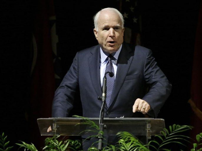 FILE - In this Nov. 6, 2015 file photo, Sen. John McCain, R-Ariz. speaks in Nashville, Tenn. Republicans are using the latest attacks in Paris to appeal to U.S. voters jittery about terrorism. Several Republicans, including presidential hopeful Jeb Bush and former candidate Mitt Romney, appeared on the television networks Monday to decry President Barack Obama's policies as half-hearted and to suggest that a U.S. ground war against the Islamic State may be inevitable. (AP Photo/Mark Humphrey, File)