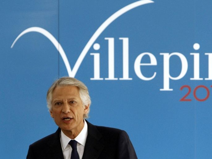 FILE - In this Jan. 16, 2012 file photo, former French prime minister Dominique de Villepin presents his electoral program at his campaign headquarter in Paris. French police questioned de Villepin on Tuesday, Sept. 12, 2012 over an alleged embezzlement scheme at a hotel chain that was run by a friend. (AP Photo/Remy de la Mauviniere, File)