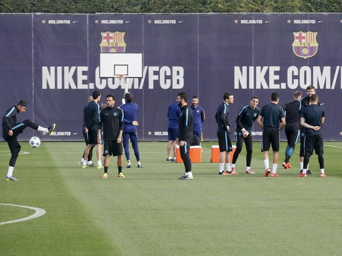 Barcelona's players attend a training session at the Joan Gamper training camp, on the eve of their Champions League group soccer match against BATE Borisov, near Barcelona, Spain, November 3, 2015. REUTERS/Albert Gea
