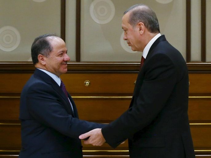 Turkish President Tayyip Erdogan (R) meets with Iraqi Kurdish Regional President Massoud Barzani at the Presidential Palace in Ankara, Turkey, December 9, 2015 in this handout photo provided by Presidential Press Office. REUTERS/Kayhan Ozer/Presidential Press Office/Handout via Reuters ATTENTION EDITORS - THIS IMAGE WAS PROVIDED BY A THIRD PARTY. REUTERS IS UNABLE TO INDEPENDENTLY VERIFY THE AUTHENTICITY, CONTENT, LOCATION OR DATE OF THIS IMAGE. IT IS DISTRIBUTED EXACTLY AS RECEIVED BY REUTERS, AS A SERVICE TO CLIENTS. FOR EDITORIAL USE ONLY. NOT FOR SALE FOR MARKETING OR ADVERTISING CAMPAIGNS. NO RESALES. NO ARCHIVE.