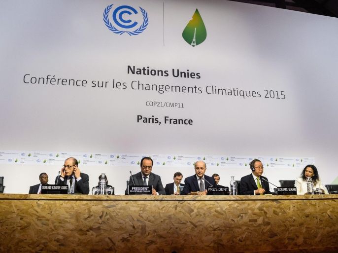 French Foreign Affairs Minister Laurent Fabius (3R), President-designate of COP21, , French President Francois Hollande (2L) and United Nations Secretary-General Ban Ki-moon (2R) at the World Climate Change Conference 2015 (COP21) in Le Bourget, north of Paris, France, 12 December 2015. The 21st Conference of the Parties (COP21) was held in Paris from 30 November to 12 December.