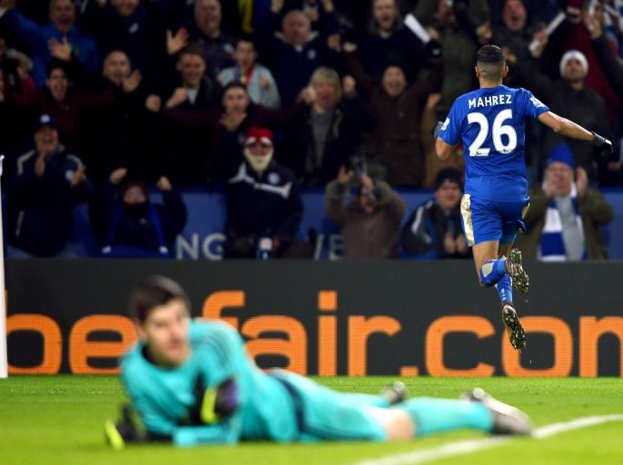 Leicester City's Riyad Mahrez celebrates scoring the 2nd goal ball during the English Premier League soccer match between Leicester City and Chelsea at King Power Stadium in Leicester, Britain, 14 December 2015. EPA/TIM KEETON EDITORIAL USE ONLY. No use with unauthorized audio, video, data, fixture lists, club/league logos or 'live' services. Online in-match use limited to 75 images, no video emulation. No use in betting, games or single club/league/player publications