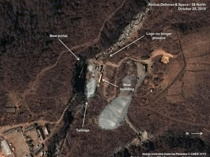 This image provided by the U.S.-Korea Institute at the Johns Hopkins School of Advanced International Studies via 38 North and via a satellite image from Centre National d’Études Spatiales and Airbus Defense & Space, shows a satellite image dated Oct. 25, 2015, of what appears to be a new tunnel under mountains where North Korea conducts nuclear test explosions. The U.S. website 38 North said Wednesday, Dec. 2, that a nuclear test does not appear imminent, but the new tunneling adds to North Korea’s ability to conduct more nuclear tests over the coming years if it chooses to do so. (Centre National d’Études Spatiales/38 North/Johns Hopkins School of Advanced International Studies via AP)