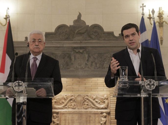 Greek Prime Minister Alexis Tsipras (R) and Palestinian President Mahmud Abbas (L) give statements to the press after their meeting in Athens, Greece, 21 December 2015. Palestinian President Mahmud Abbas is in Athens on a two-days official visit.