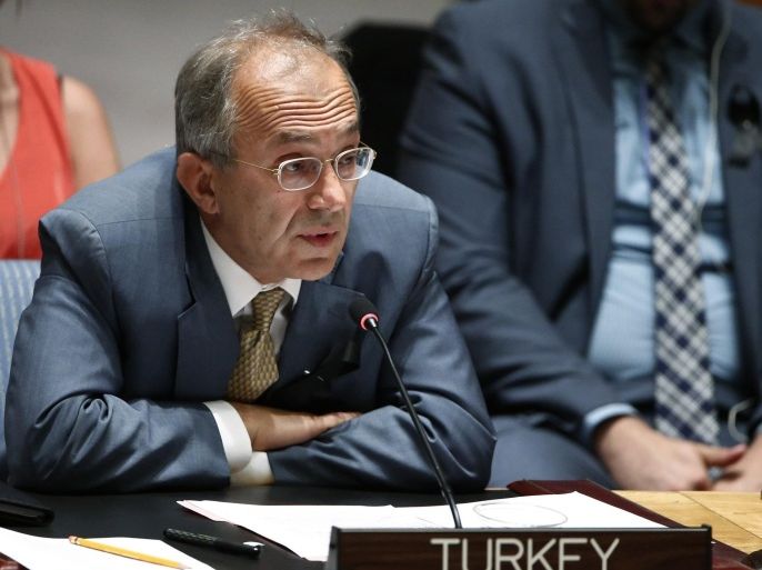 Turkey's Ambassador to the United Nations, Yasar Halit Cevik, addresses the Security Council during a meeting about the situation in the Middle East, including Palestine, at United Nations headquarters in New York, July 22, 2014. REUTERS/Eduardo Munoz (UNITED STATES - Tags: POLITICS CIVIL UNREST)