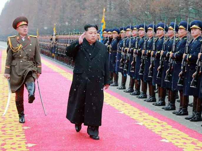 A handout photo provided by the Korean Central News Agency (KCNA) via Yonhap News Agency (YNA) shows North Korean leader Kim Jong-un making a congratulatory visit to the Ministry of People's Armed Forces, in Pyongyang, North Korea, 10 January 2016, accoridng to KCNA reprots. Kim said the hydrogen bomb test carried out last week was an act of self-defense, according to the report. EPA/KCNA / HANDOUT