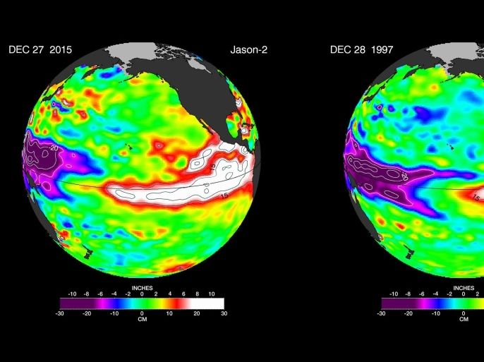 These false-color images provided by NASA satellites compare warm Pacific Ocean water temperatures from the strong El Nino that brought North America large amounts of rainfall in 1997, right, and the current El Nino as of Dec. 27, 2015, left. NASA's Jet Propulsion Laboratory says the strong El Nino in the Pacific Ocean shows no sign of weakening. The Pasadena lab said Tuesday that the Dec. 27 image of ocean warming produced by data from its Jason-2 satellite is strikingly similar to one from December 1997 during a previous large El Nino event. (NASA via AP)