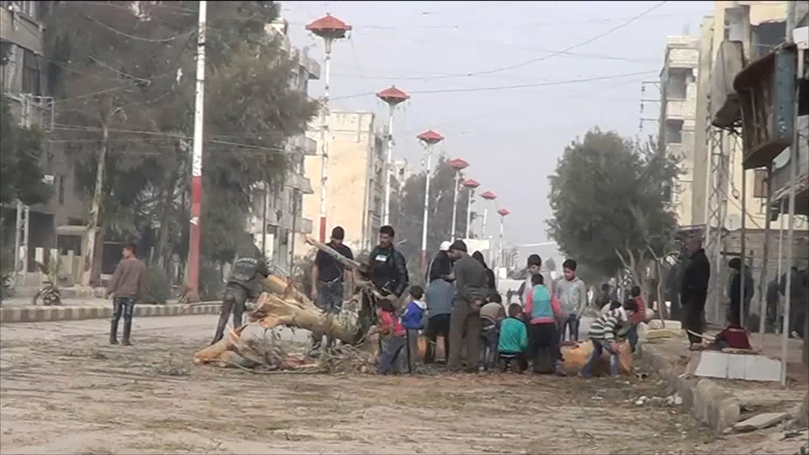‪‬ أهالي معضمية الشام يقطعون أحد الأشجار لاستغلال حطبها(الجزيرة)