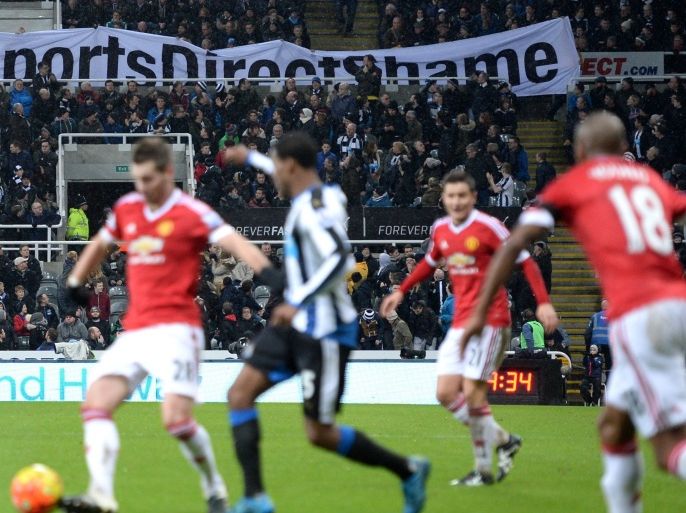 JR036 - Newcastle upon Tyne, Tyne and Wear, UNITED KINGDOM : Newcastle supporters display a protest banner during the English Premier League football match between Newcastle United and Manchester United at St James' Park in Newcastle-upon-Tyne, north east England on January 12, 2016. AFP PHOTO / OLI SCARFF
