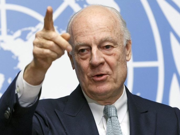 UN Special Envoy of the Secretary-General for Syria Staffan de Mistura informs the media on the Intra-Syrian Talks, during a press conference, at the European headquarters of the United Nations in Geneva, Switzerland, 25 January 2016. The UN aimed to kick off Intra-Syrian talks on 25 January, but a delay was likely.