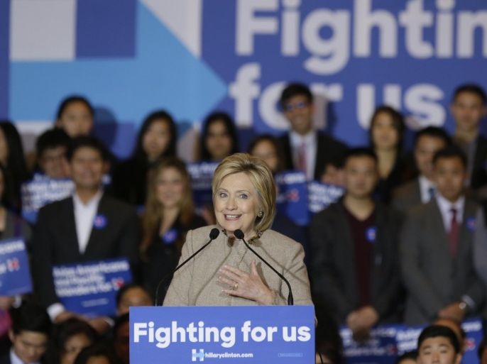 Democratic presidential candidate Hillary Clinton addresses Asian American and Pacific Islander supporters in San Gabriel, Calif., on Thursday, Jan. 7, 2016. (AP Photo/Damian Dovarganes)