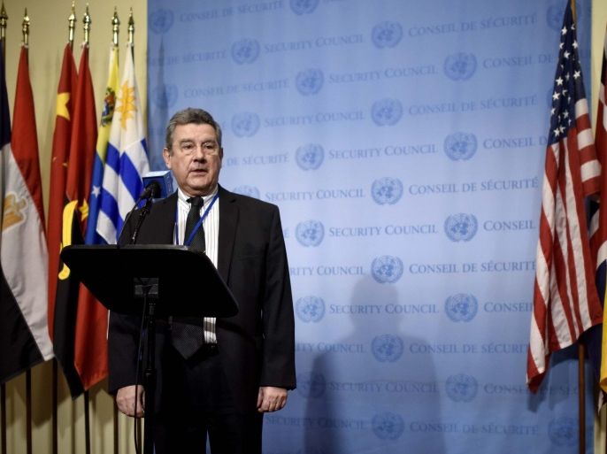 Elbio Rosselli, the current President of the United Nations Security Council and Uruguay's permanent representative to the United Nations, delivers the council's statement in response to a reported nuclear test conducted by North Korea, at the United Nations headquarters in New York, New York, USA, 06 January 2016.