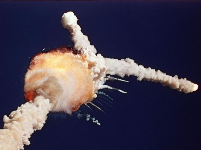 FILE - In this Jan. 28, 1986 file photo, the space shuttle Challenger explodes shortly after lifting off from the Kennedy Space Center in Cape Canaveral, Fla. (AP Photo/Bruce Weaver, File)