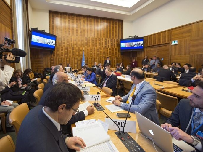 General view of the first meeting of the Task Force on Humanitarian Access in Syria, top of meeting at the European headquarters of the United Nations, in Geneva, Switzerland, 12 February 2016. In accordance with the decision of the International Syria Support Group (ISSG), the United Nations announces on 12 February the first meeting of the Task Force on Humanitarian Access in Syria. The purpose of this initial meeting is to agree on how the Task Force and its members can contribute to ensuring that immediate access is granted to the civilian populations in besieged and hard to reach areas, in line with the agreement reached by the ISSG at Munich.