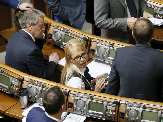 Former Ukrainian prime minister Yulia Tymoshenko attends a parliament session in Kiev, Ukraine, February 16, 2016. Ukraine's biggest political party said on Tuesday it will rate the performance of Prime Minister Arseny Yatseniuk's government as "unsatisfactory" in an imminent vote that could precipitate a collapse of the coalition government and snap elections. REUTERS/Gleb Garanich