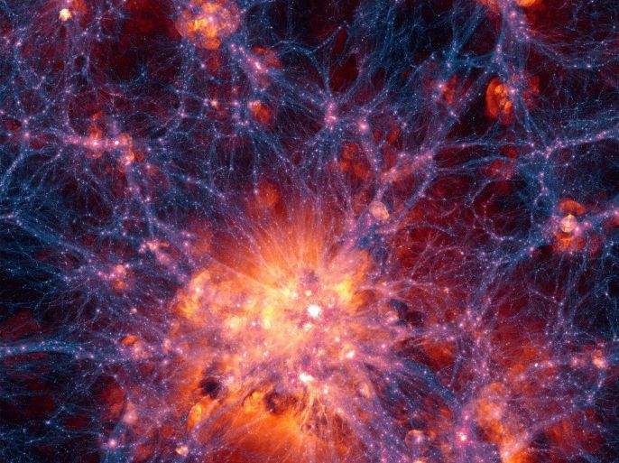 This image provided by the Illustris Collaboration in May 2014 shows dark matter density overlaid with the gas velocity field in a simulation of the evolution of the universe since the Big Bang. The new computer simulation that reproduces features — such as galaxy distribution and composition — more accurately than previous ones is described in the Thursday, May 8, 2014 issue of the journal Nature. Previous attempts have broadly reproduced the web of galaxies, but failed to create mixed populations of galaxies or predict gas and metal content. The new model correctly predicts characteristics described in observational studies, and represents a considerable step forward in modeling galaxy formation. (AP Photo/Illustris Collaboration)