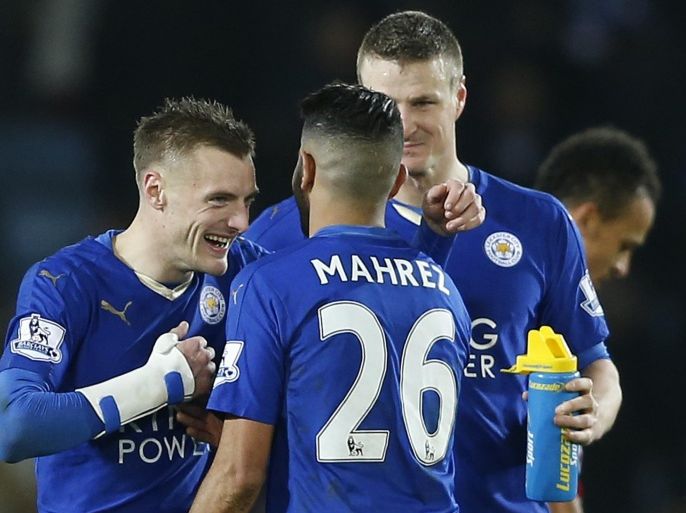 Football Soccer - Leicester City v Stoke City - Barclays Premier League - King Power Stadium - 23/1/16 Leicester's Jamie Vardy, Riyad Mahrez and Robert Huth celebrate at the end of the match Action Images via Reuters / Carl Recine Livepic EDITORIAL USE ONLY. No use with unauthorized audio, video, data, fixture lists, club/league logos or "live" services. Online in-match use limited to 45 images, no video emulation. No use in betting, games or single club/league/player publications. Please contact your account representative for further details.