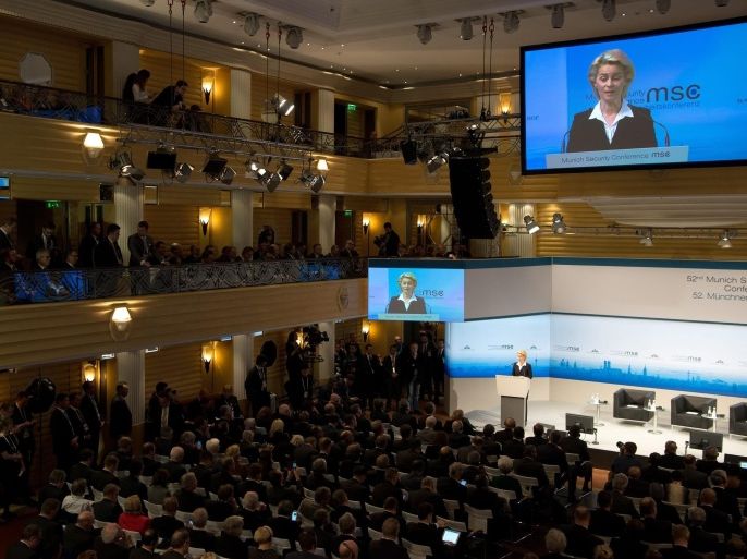 German Defence Minister Ursula von der Leyen (on screen) speaks during the 52nd Security Conference in Munich, Germany, 12 February 2016. The 52nd Security Conference, where foreign policy and defence experts are meeting to discuss global crises continues until 14 February 2016.