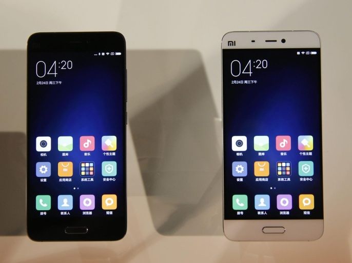 The new spartphone 'Xiaomi Mi 5' on display, after Lei Jun (not pictured), CEO of Chinese mobile internet company Xiaomi Technology Co. Ltd., introduced the new smartphone at the Xiaomi product launch ceremony in Beijing City, China, 24 February 2016. The phone comes in three versions, Standard with up to 32GB memmory, High Edition with up to 64GB memory and Exclusive Edition with up to 128GB memory. The top version also has the fastest Snapdragon processor and a rear-side made of ceramics.