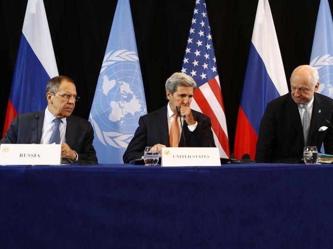 U.S. Secretary of State John Kerry, center, Russian Foreign Minister Sergey Lavrov, left, and UN Special Envoy for Syria Staffan de Mistura, right, arrive for a news conference after the International Syria Support Group (ISSG) meeting in Munich, Germany, Friday, Feb. 12, 2016. (AP Photo/Matthias Schrader)