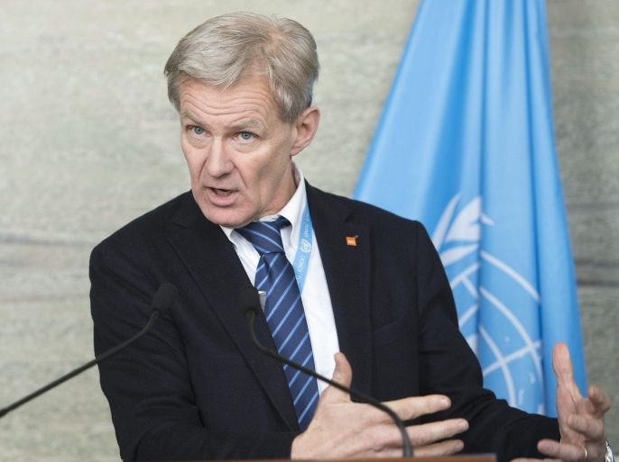 Jan Egeland, Senior Advisor to the United Nations Special Envoy for Syria, speaks after the second meeting of the Task Force on Humanitarian Access in Syria, at the European headquarters of the United Nations, in Geneva, Switzerland, 18 February 2016. Dozens of trucks laden with humanitarian aid entered five besieged areas near the capital Damascus and north-western Syria, UN sources and state media reported.