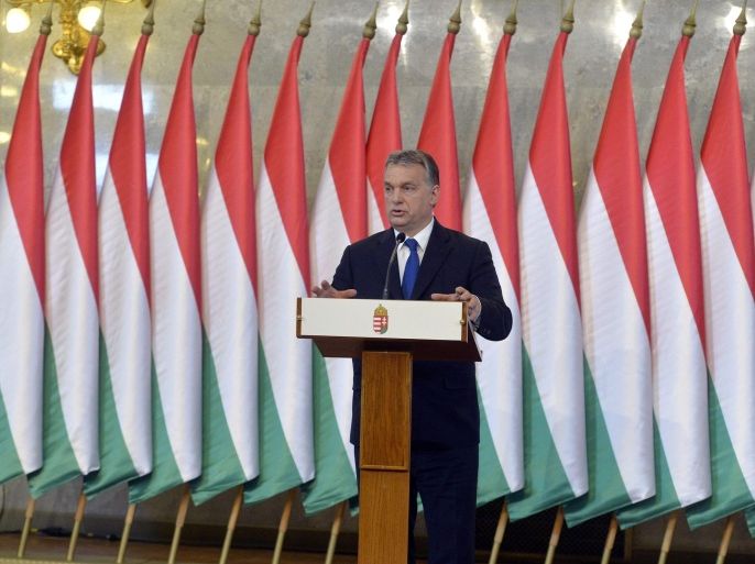 Hungarian Prime Minister, Viktor Orban, announces at a press conference that the Hungarian government will call for a referendum on the European Union's proposed mandatory migrant quota scheme, at the Parliament building, Budapest, Hungary, 24 February 2016. EPA/SZILARD KOSZTICSAKS HUNGARY OUT
