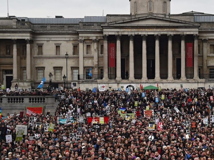 Anti-Trident demonstrators during a protest organised by Campaign for Nuclear Disarmement (CND) titled 'Stop Trident' in London, Britain, 27 February 2016. Tens of thousands of people from all walks off life turned out to support the anti trident campaign.