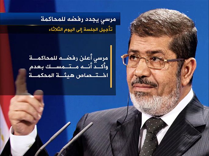 أكد/مرسي/ خلال المحاكمة، أنه ما زال رئيسا لكل المصريين، وأعلن رفضه للمحاكمة وشدد على أنه متمسك بعدم اختصاص هيئة المحكمة.