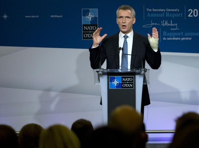 NATO Secretary General Jens Stoltenberg speaks during a media conference as he presents the NATO annual report in Brussels on Thursday, Jan. 28, 2016. NATO says alliance defense spending is moving in the “right direction,” though one country, the United States, still accounts for almost three quarters of the alliance’s total defense expenditures. (AP Photo/Virginia Mayo)