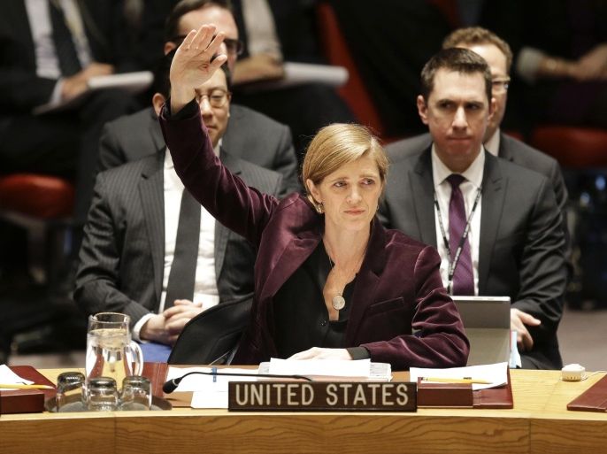FILE - In this Wednesday, March 2, 2016, file photo, U.S. Ambassador to the United Nations Samantha Power votes on a resolution during a Security Council meeting at U.N. headquarters. The U.N. Security Council voted Wednesday on a resolution that would impose the toughest sanctions on North Korea in two decades. The U.N. Security Council voted Wednesday on a resolution that would impose the toughest sanctions on North Korea in two decades. After the North’s Jan. 6 nuclear test, Beijing joined the U.S. in imposing tougher sanctions that were approved unanimously Wednesday by the U.N. Security Council. But it insisted sanctions alone will never solve the nuclear issue. Instead, Chinese Foreign Minister Wang Yi suggested a “parallel track” approach that separates nuclear talks from negotiations to replace the more-than-60-year-old Korean War armistice with a peace agreement. (AP Photo/Seth Wenig, File)
