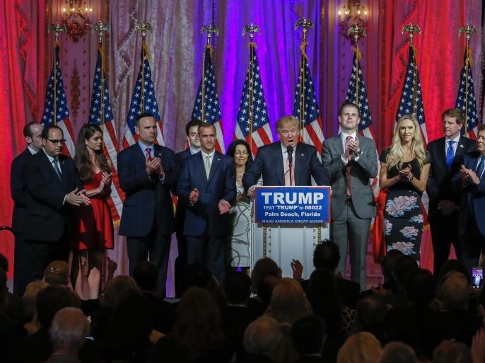 Republican 2016 US presidential candidate Donald Trump (C), surrounded by family and supporters, speaks at an election campaign event inside a ballroom of the Mar A Lago Club in Palm Beach, Florida, USA, 15 March 2016 after winning the Florida Republican Primary. Primaries were also being held in Illinois, Missouri, North Carolina and Ohio.