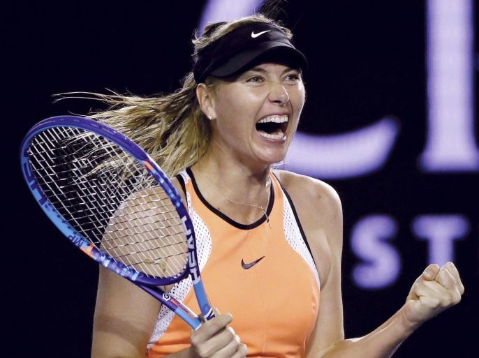 FILE - In this Sunday, Jan. 24, 2016, file photo, Maria Sharapova of Russia celebrates after defeating Belinda Bencic of Switzerland in their fourth round match at the Australian Open tennis championships in Melbourne, Australia. Sharapova's racket supplier became the first main sponsor to publicly back the five-time Grand Slam champion after she admitted to failing a doping test. Austria-based company Head announced Thursday, March 10, 2016, it was planning to extend its sponsorship deal, three days after Sharapova revealed her use of the banned substance meldonium. (AP Photo/Aaron Favila, File)