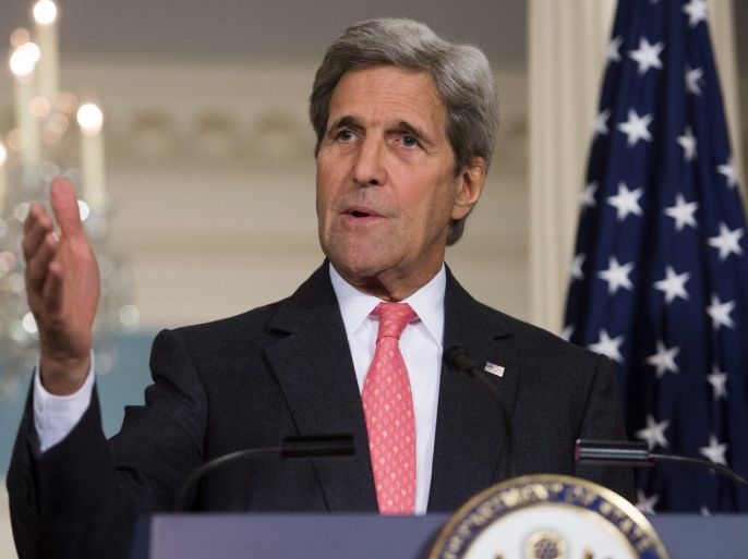 US Secretary of State John Kerry responds to a question from the news media during a bilateral press conference with German Foreign Minister Frank-Walter Steinmeier at the US State Department in Washington, DC, USA, 29 February 2016. Secretary Kerry and Minister Steinmeier responded to questions on the Syrian cessation of conflict agreement.