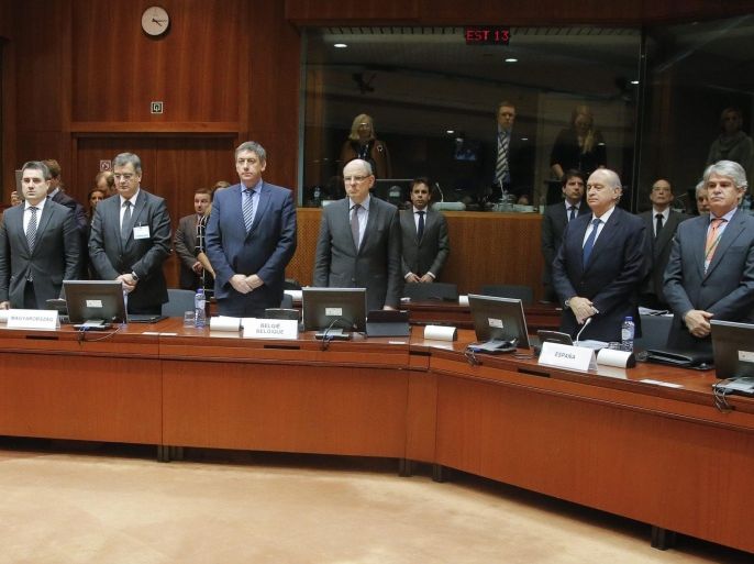 European Interior ministers observe a minute of silence as they attend a special EU Council meeting on security, in Brussels, Belgium, 24 March 2016. Their main topic was expected to be the Brussels terrorist attacks in which at least 31 people were killed and hundreds injured on 22 March 2016 and for which the so-called 'Islamic State' (IS) has claimed responsibility.