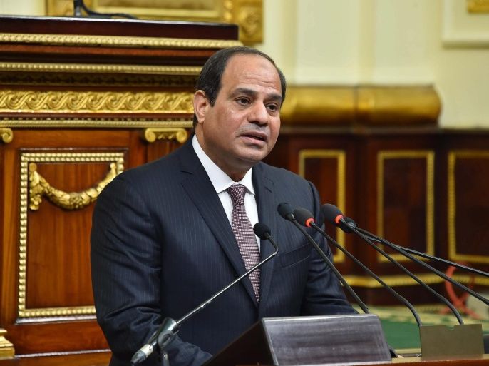 A handout photograph made available by the Egyptian Presidency shows Egyptian President Abdel Fattah al-Sisi speaking in front of lawmakers at the Parliament, in Cairo, Egypt, 13 February 2016. Al-Sisi on 13 February delivered his first speech in front of the newly convened parliament. The 569-member assembly met for its inaugural session on 10 January 2016. EPA/EGYPTIAN PRESIDENCY/HANDOUT