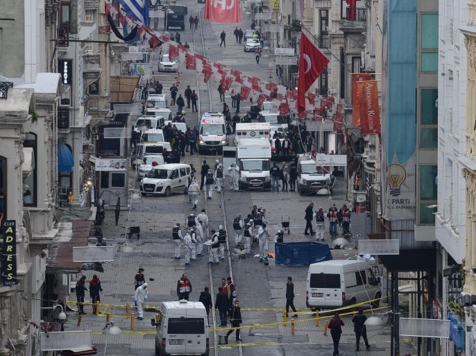 Crime scene Police investigator inspect the site after an explosion in Istiklal Street in Istanbul, Turkey, 19 March 2016. The exploison which happened near Taksim Square in Istiklal Street, killed at least four people and injured 20 others, according to latest reports of local media.