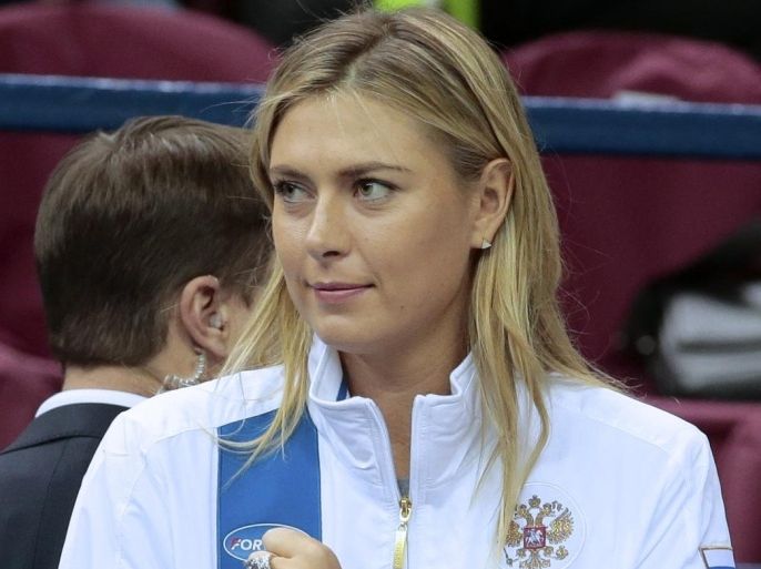 Russia's Maria Sharapova reacts during the Fed Cup tennis match between Russia and Netherlands in Moscow, Russia, on Saturday, Feb. 6, 2016. (AP Photo/Ivan Sekretarev)