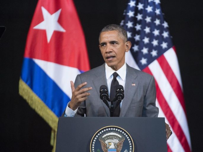 US President Barack Obama delivers brief remarks on the 22 March terrorist attacks in Belgium, while addressing the people of Cuba at the El Gran Teatro de Havana, in Havana, Cuba, 22 March 2016. Obama is on an official visit to Cuba from 20 to 22 March 2016, the first US president to visit since Calvin Coolidge 88 years ago.