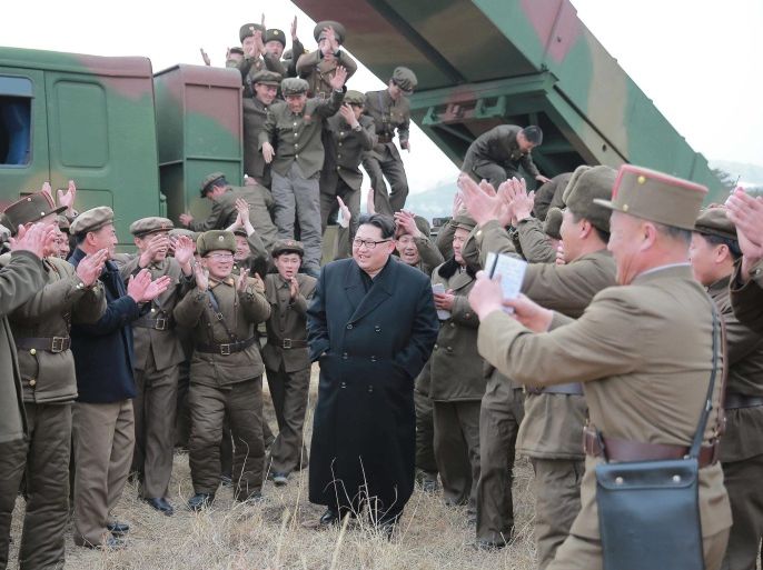 An undated photograph made available on 04 March 2016 by the North Korean news agency KCNA showing Kim Jong Un, supreme commander of the Korean People's Army, meeting millitary personnel during the test-firing of new-type large-caliber multiple launch rocket system. North Korea fired several short-range rockets off its the eastern coast 03 March 2016, South Korea said, just hours after the UN imposed its strictest sanctions ever on Pyongyang. While attending the rocket test Kim said the military should also be ready to carry out pre-emptive attacks, North Korea's official KCNA news agency reported. North Korea's nuclear weapons should be ready for use at 'any moment,' leader Kim Jong Un said, according to state media, amid heightened tensions on the Korean peninsula.