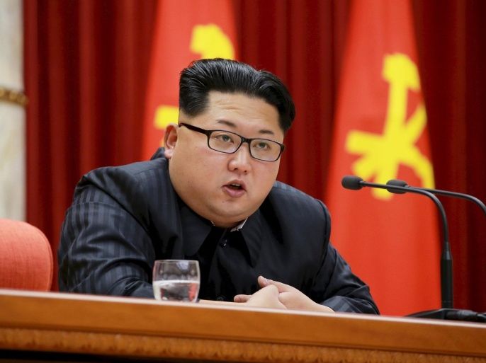North Korean leader Kim Jong Un speaks during a ceremony at the meeting hall of the Central Committee of the Workers' Party of Korea (WPK) in this undated file photo released by North Korea's Korean Central News Agency (KCNA) on January 13, 2016. U.N. North Korea human rights expert Darzuki Marusman has asked the United Nations officially to notify North Korean leader Kim that he may be investigated for crimes against humanity. REUTERS/KCNA/Files ATTENTION EDITORS - THIS PICTURE WAS PROVIDED BY A THIRD PARTY. REUTERS IS UNABLE TO INDEPENDENTLY VERIFY THE AUTHENTICITY, CONTENT, LOCATION OR DATE OF THIS IMAGE. FOR EDITORIAL USE ONLY. NOT FOR SALE FOR MARKETING OR ADVERTISING CAMPAIGNS. THIS PICTURE IS DISTRIBUTED EXACTLY AS RECEIVED BY REUTERS, AS A SERVICE TO CLIENTS. NO THIRD PARTY SALES. SOUTH KOREA OUT. NO COMMERCIAL OR EDITORIAL SALES IN SOUTH KOREA