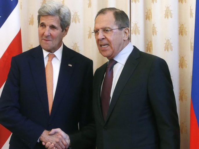 Russian Foreign Minister Sergei Lavrov (R) shakes hands with US Secretary of State John Kerry (L) prior to their talks in Moscow, Russia, 24 March 2016. John Kerry arrived in Russia to discuss the hottest issues of the international agenda: Syria, Ukraine and release fate of Ukrainian ex-military female serviceman Nadezhda Savchenko.