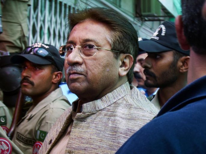 FILE - In this Saturday, April 20, 2013 file photo, Pakistan's former President and military ruler Pervez Musharraf arrives at an anti-terrorism court in Islamabad, Pakistan. A court on Monday, Jan. 18, 2016 has acquitted Musharraf from murder case involving the killing of a nationalist leader, Akbar Bugti, who had died in a military operation. (AP Photo/Anjum Naveed, File)