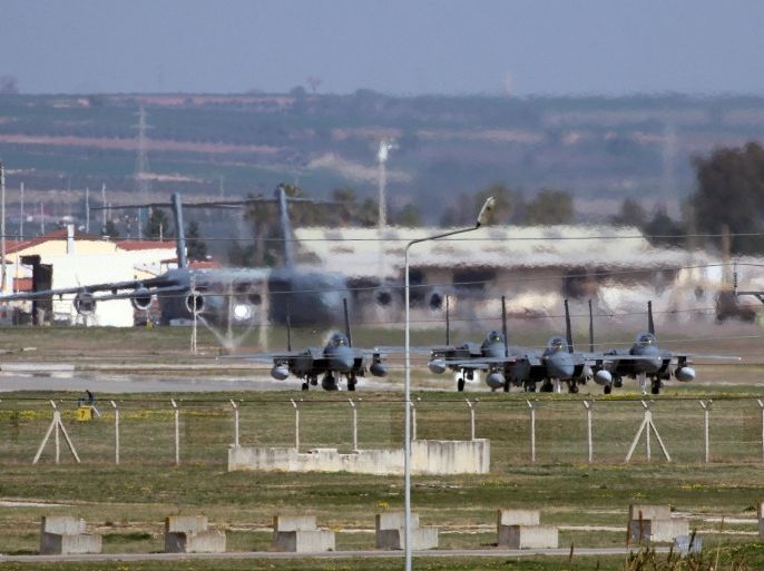 Saudi jet fighters parked at Incirlik Air Base near Adana, southern Turkey, Friday, Feb. 26, 2016. Ibrahim Kalin, a top aide to Turkey’s President Recep Tayyip Erdogan said Saudi military aircraft that will join the fight against Islamic State militia in Syria have begun arriving at a southern Turkish air base. The Saudi deployment comes as a U.S. and Russia-engineered cease-fire is due to take effect at midnight on Friday, but the truce agreement does not cover operations against the IS, designated as a terrorist group by the U.N. Security Council. (AP Photo)