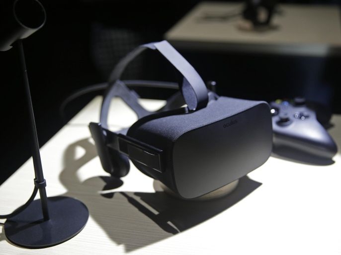 FILE - In this June 11, 2015, file photo, the new Oculus Rift virtual reality headset is on display following a news conference in San Francisco. The much-hyped Oculus Rift virtual reality headset will cost $599 and ship to 20 countries beginning on March 28, the company said Wednesday, Jan. 6, 2016. (AP Photo/Eric Risberg, File)